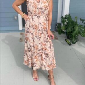 AUREUM Elegant Floral Midi Dress in Cream and Orange
